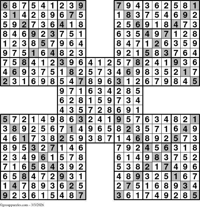 The grouppuzzles.com Answer grid for the Sudoku-Xtreme puzzle for Tuesday March 3, 2026
