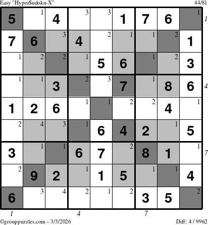 The grouppuzzles.com Easy HyperSudoku-X puzzle for Tuesday March 3, 2026, suitable for printing, with all 4 steps marked