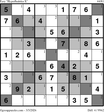 The grouppuzzles.com Easy HyperSudoku-X puzzle for Tuesday March 3, 2026 with the first 3 steps marked