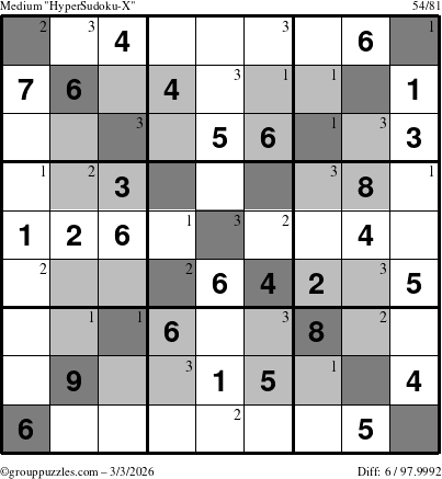 The grouppuzzles.com Medium HyperSudoku-X puzzle for Tuesday March 3, 2026 with the first 3 steps marked