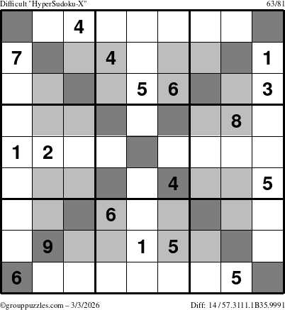 The grouppuzzles.com Difficult HyperSudoku-X puzzle for Tuesday March 3, 2026