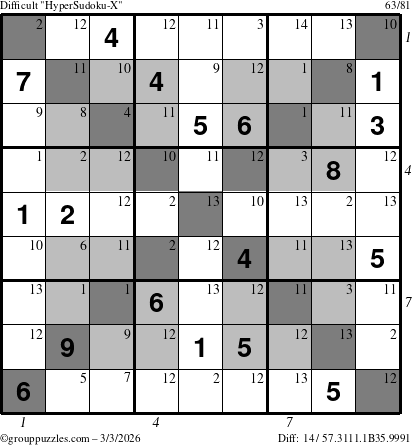 The grouppuzzles.com Difficult HyperSudoku-X puzzle for Tuesday March 3, 2026 with all 14 steps marked