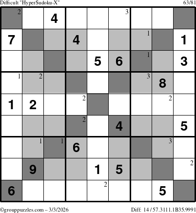 The grouppuzzles.com Difficult HyperSudoku-X puzzle for Tuesday March 3, 2026 with the first 3 steps marked