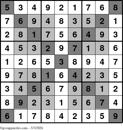 The grouppuzzles.com Answer grid for the HyperSudoku-X puzzle for Tuesday March 3, 2026