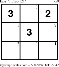 The grouppuzzles.com Easy TicTac-123 puzzle for Tuesday March 3, 2026 with the first 2 steps marked