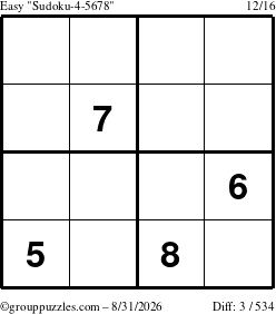 The grouppuzzles.com Easy Sudoku-4-5678 puzzle for Monday August 31, 2026