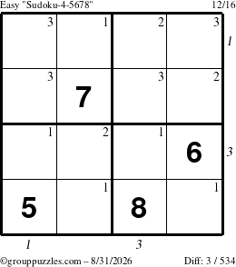 The grouppuzzles.com Easy Sudoku-4-5678 puzzle for Monday August 31, 2026, suitable for printing, with all 3 steps marked