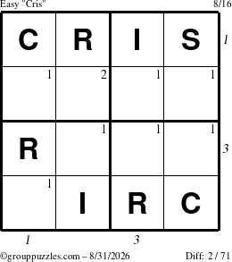 The grouppuzzles.com Easy Cris puzzle for Monday August 31, 2026 with all 2 steps marked