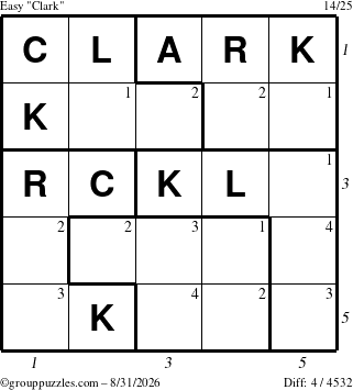 The grouppuzzles.com Easy Clark puzzle for Monday August 31, 2026 with all 4 steps marked