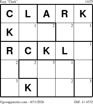 The grouppuzzles.com Easy Clark puzzle for Monday August 31, 2026 with the first 3 steps marked