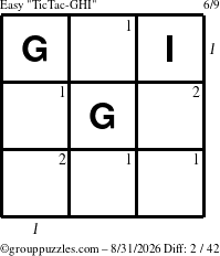 The grouppuzzles.com Easy TicTac-GHI puzzle for Monday August 31, 2026, suitable for printing, with all 2 steps marked