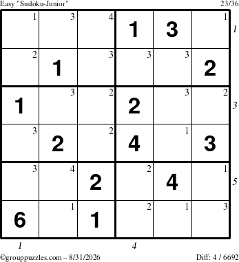 The grouppuzzles.com Easy Sudoku-Junior puzzle for Monday August 31, 2026 with all 4 steps marked