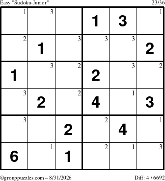 The grouppuzzles.com Easy Sudoku-Junior puzzle for Monday August 31, 2026 with the first 3 steps marked