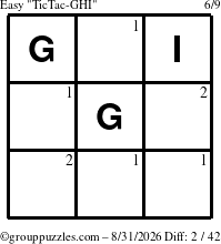 The grouppuzzles.com Easy TicTac-GHI puzzle for Monday August 31, 2026 with the first 2 steps marked