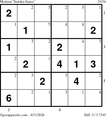 The grouppuzzles.com Medium Sudoku-Junior puzzle for Monday August 31, 2026, suitable for printing, with all 5 steps marked
