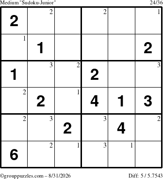 The grouppuzzles.com Medium Sudoku-Junior puzzle for Monday August 31, 2026 with the first 3 steps marked