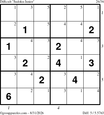 The grouppuzzles.com Difficult Sudoku-Junior puzzle for Monday August 31, 2026, suitable for printing, with all 5 steps marked