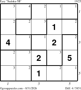 The grouppuzzles.com Easy Sudoku-5B puzzle for Monday August 31, 2026 with all 4 steps marked