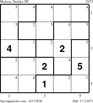 The grouppuzzles.com Medium Sudoku-5B puzzle for Monday August 31, 2026 with all 5 steps marked