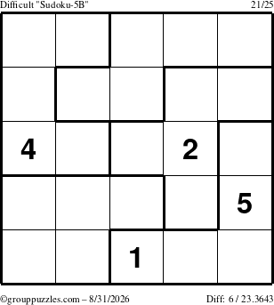 The grouppuzzles.com Difficult Sudoku-5B puzzle for Monday August 31, 2026