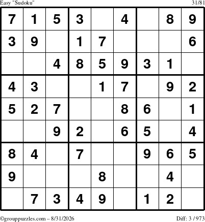 The grouppuzzles.com Easy Sudoku puzzle for Monday August 31, 2026