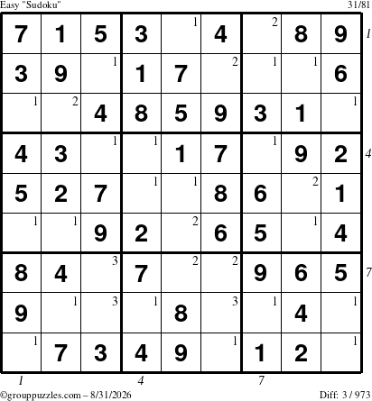 The grouppuzzles.com Easy Sudoku puzzle for Monday August 31, 2026 with all 3 steps marked