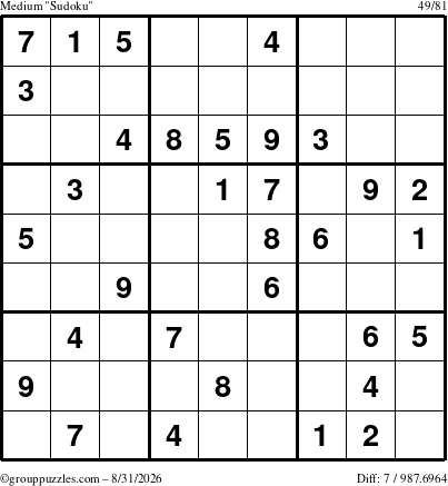 The grouppuzzles.com Medium Sudoku puzzle for Monday August 31, 2026