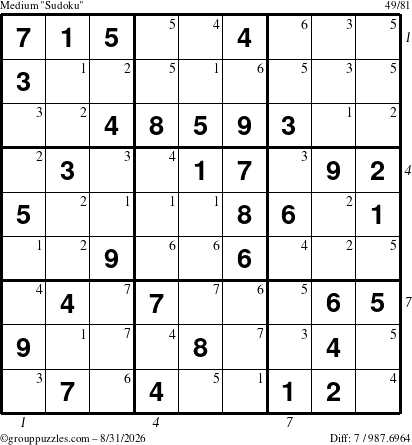 The grouppuzzles.com Medium Sudoku puzzle for Monday August 31, 2026 with all 7 steps marked