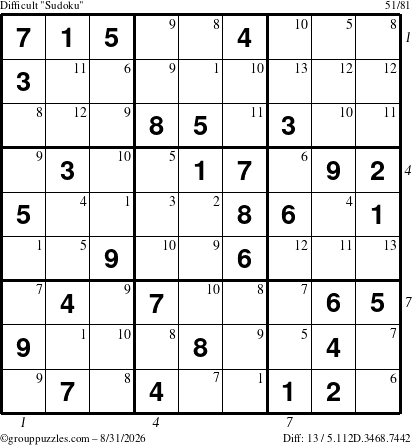 The grouppuzzles.com Difficult Sudoku puzzle for Monday August 31, 2026, suitable for printing, with all 13 steps marked