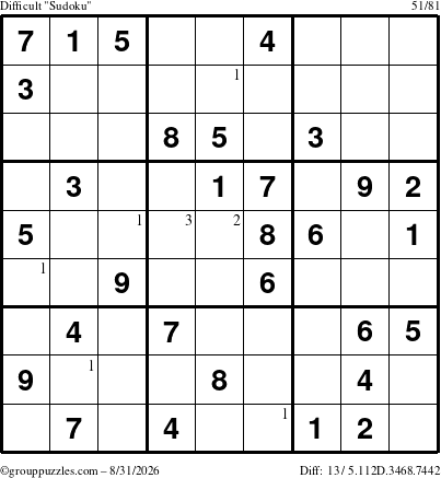 The grouppuzzles.com Difficult Sudoku puzzle for Monday August 31, 2026 with the first 3 steps marked