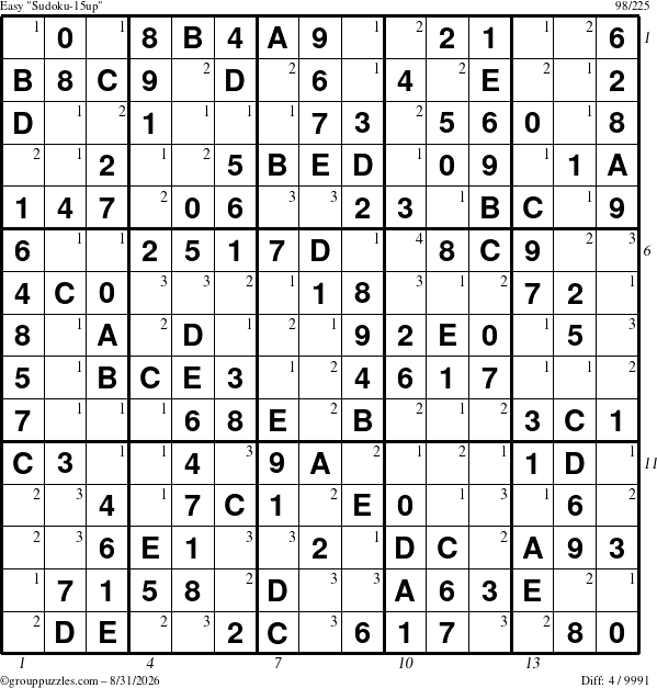 The grouppuzzles.com Easy Sudoku-15up puzzle for Monday August 31, 2026, suitable for printing, with all 4 steps marked