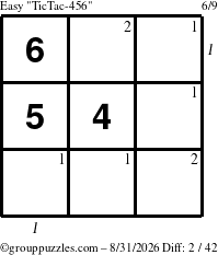 The grouppuzzles.com Easy TicTac-456 puzzle for Monday August 31, 2026, suitable for printing, with all 2 steps marked