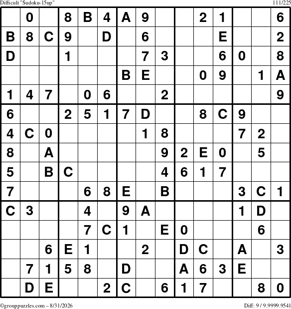 The grouppuzzles.com Difficult Sudoku-15up puzzle for Monday August 31, 2026