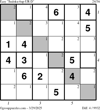 The grouppuzzles.com Easy Sudoku-6up-UR-D puzzle for Saturday March 29, 2025 with all 4 steps marked