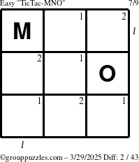 The grouppuzzles.com Easy TicTac-MNO puzzle for Saturday March 29, 2025, suitable for printing, with all 2 steps marked