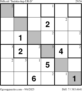 The grouppuzzles.com Difficult Sudoku-6up-UR-D puzzle for Saturday September 6, 2025 with the first 3 steps marked