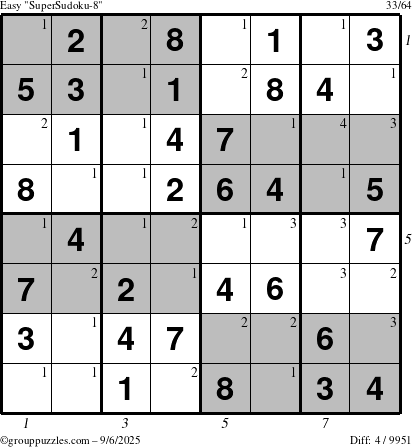 The grouppuzzles.com Easy SuperSudoku-8 puzzle for Saturday September 6, 2025, suitable for printing, with all 4 steps marked