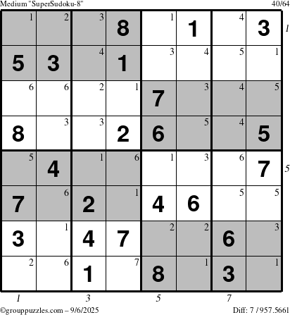 The grouppuzzles.com Medium SuperSudoku-8 puzzle for Saturday September 6, 2025 with all 7 steps marked