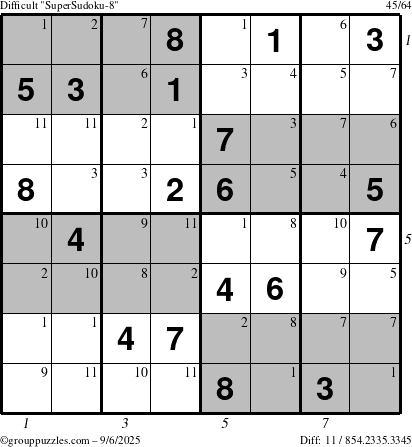 The grouppuzzles.com Difficult SuperSudoku-8 puzzle for Saturday September 6, 2025, suitable for printing, with all 11 steps marked