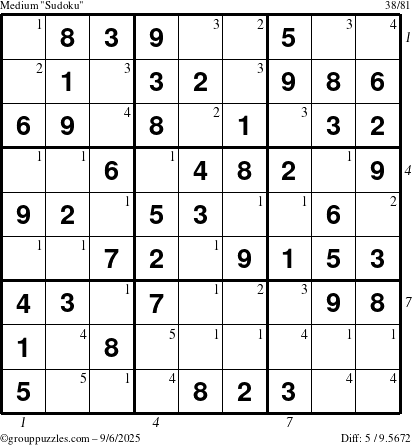 The grouppuzzles.com Medium Sudoku puzzle for Saturday September 6, 2025 with all 5 steps marked
