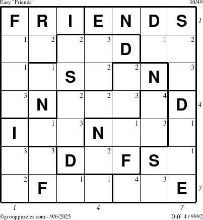 The grouppuzzles.com Easy Friends puzzle for Saturday September 6, 2025, suitable for printing, with all 4 steps marked