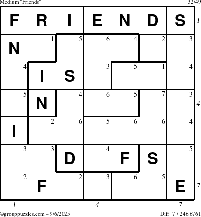 The grouppuzzles.com Medium Friends puzzle for Saturday September 6, 2025, suitable for printing, with all 7 steps marked