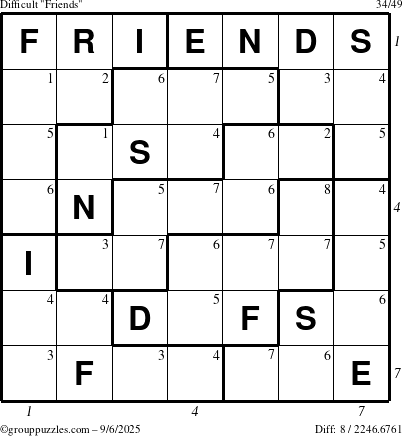 The grouppuzzles.com Difficult Friends puzzle for Saturday September 6, 2025, suitable for printing, with all 8 steps marked