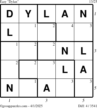 The grouppuzzles.com Easy Dylan puzzle for Tuesday April 1, 2025 with all 4 steps marked