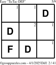 The grouppuzzles.com Easy TicTac-DEF puzzle for Tuesday April 1, 2025 with the first 2 steps marked