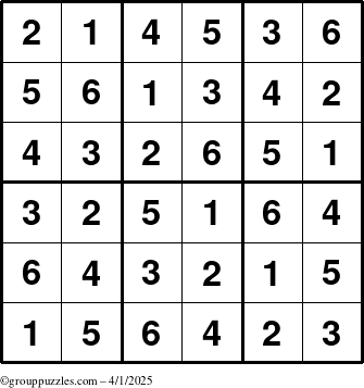 The grouppuzzles.com Answer grid for the Sudoku-6up puzzle for Tuesday April 1, 2025
