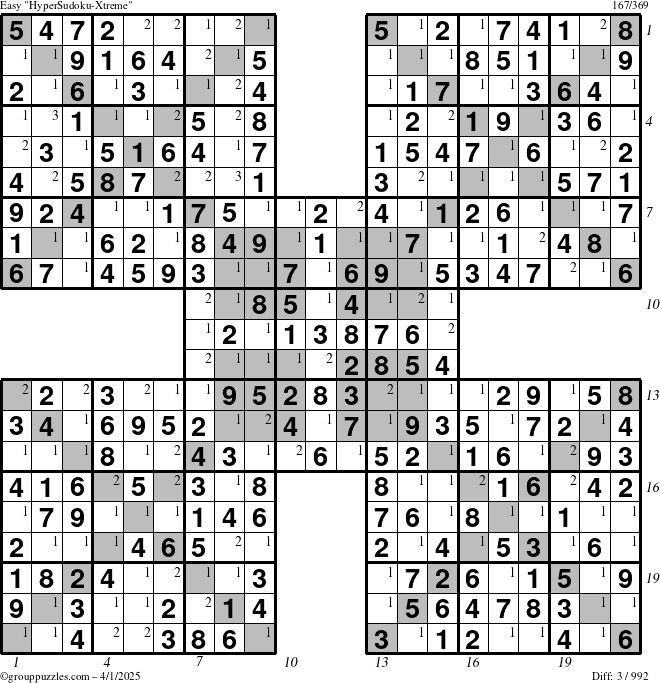 The grouppuzzles.com Easy HyperSudoku-Xtreme puzzle for Tuesday April 1, 2025 with all 3 steps marked