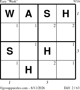 The grouppuzzles.com Easy Wash puzzle for Tuesday August 11, 2026 with all 2 steps marked