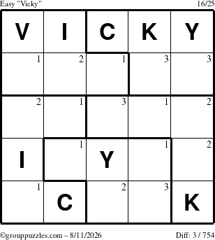 The grouppuzzles.com Easy Vicky puzzle for Tuesday August 11, 2026 with the first 3 steps marked