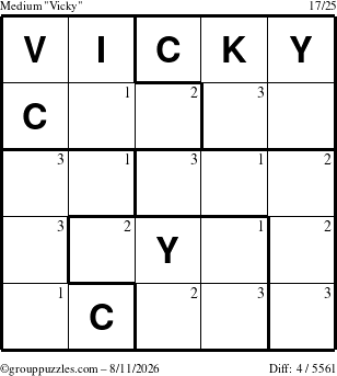 The grouppuzzles.com Medium Vicky puzzle for Tuesday August 11, 2026 with the first 3 steps marked